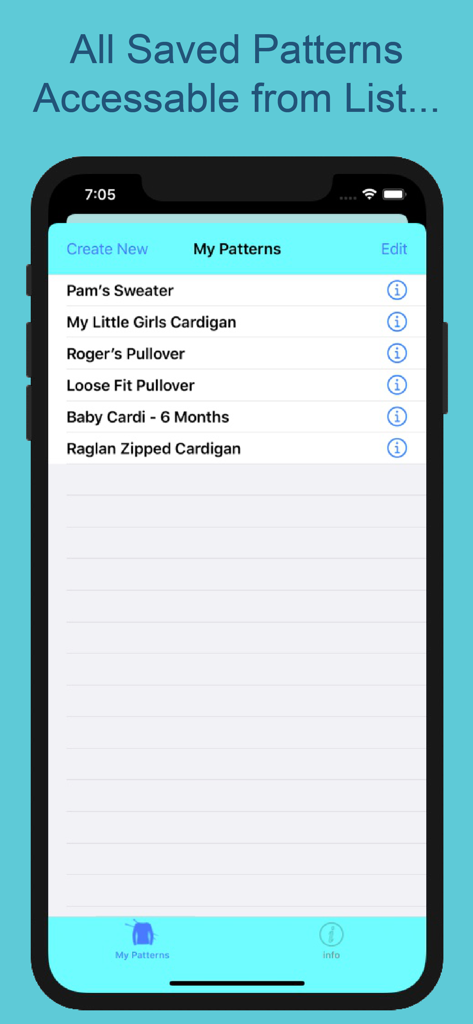 KnitsThatFit Sweaters - KnitsThatFit Sweaters 앱 인터페이스에 저장된 다양한 의류의 맞춤형 뜨개질 패턴 목록