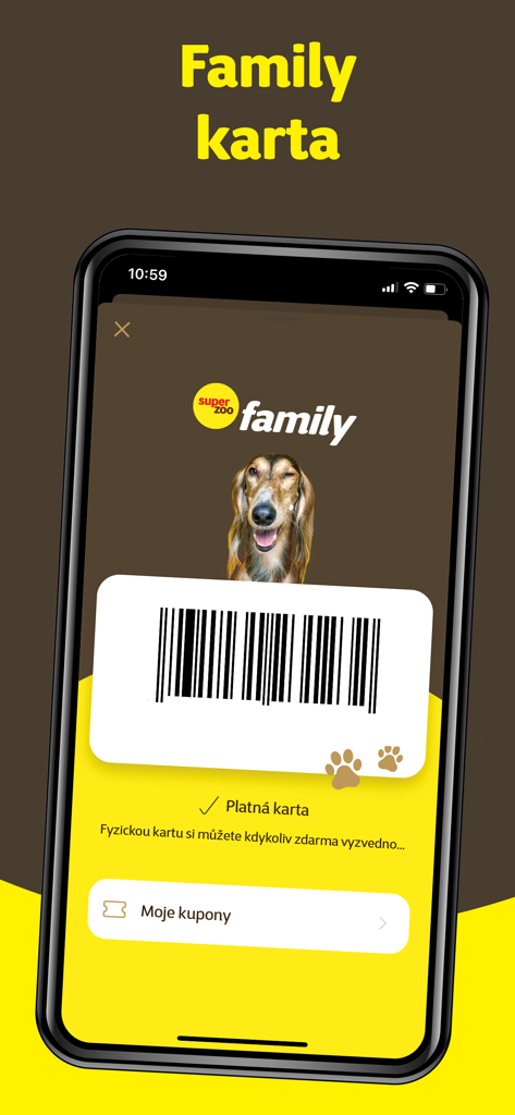 Super zoo - Tela de celular exibindo o cartão fidelidade digital da família Super Zoo com imagem de cachorro e código de barras