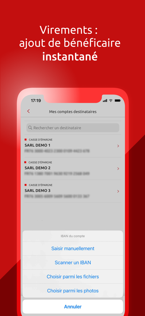CE net – Caisse d’Epargne - Écran de l'application CE net montrant comment ajouter un bénéficiaire de virement en scannant un IBAN ou en saisie manuelle.