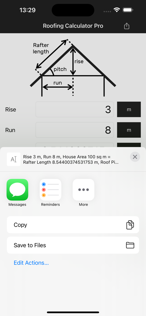 Roofing Calculator Pro - Roofing Calculator Pro app screen showing shared results for roof rise and run calculations