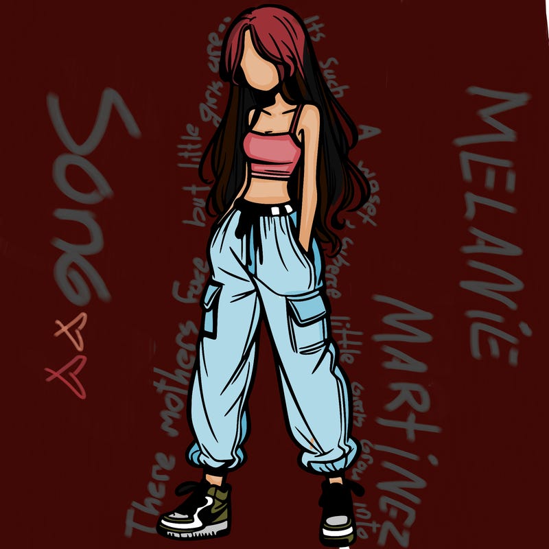 girl in baggy pants crop top and long hair