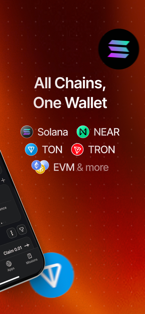 HOT Crypto Walletアプリ画面。ソラナ、NEAR、TON、TRON、EVMネットワークのサポートを表示し、「すべてのチェーン、1つのウォレット」という見出しが付いています。