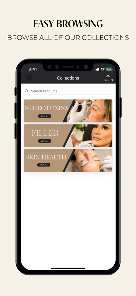 NakedMD - NakedMD mobile app interface showing categories for neurotoxins, filler, and skin health treatments.