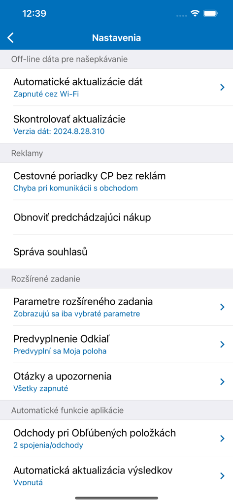 Settings screen of the Cestovne poriadky CP app displaying options for offline data ads and search parameters
