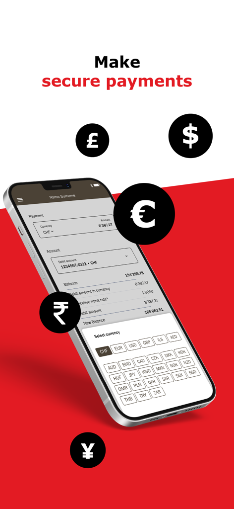 cash-bank zweiplus E-BANKING - Smartphone screen of the cash-bank zweiplus ebanking app showing a secure international payment interface with multi-currency options