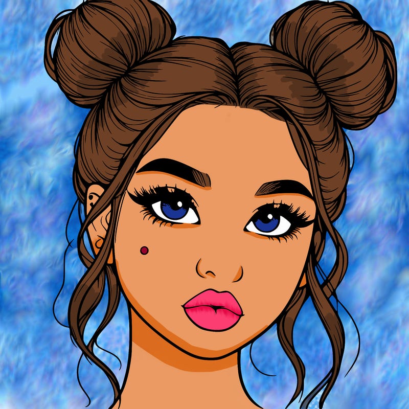 realistic girl with two buns on her hair and lips