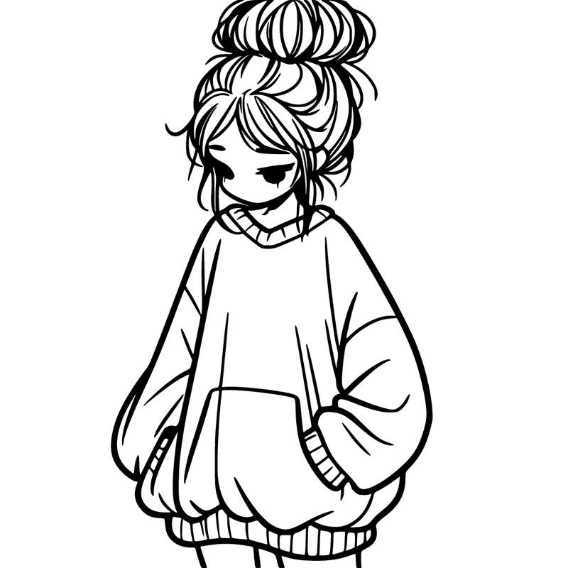 girl with baggy sweatshirt and messy bun