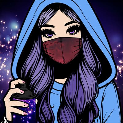 girl wearing a mask with long hair with her hood up spray-painting realistic