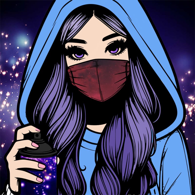 girl wearing a mask with long hair with her hood up spray-painting realistic