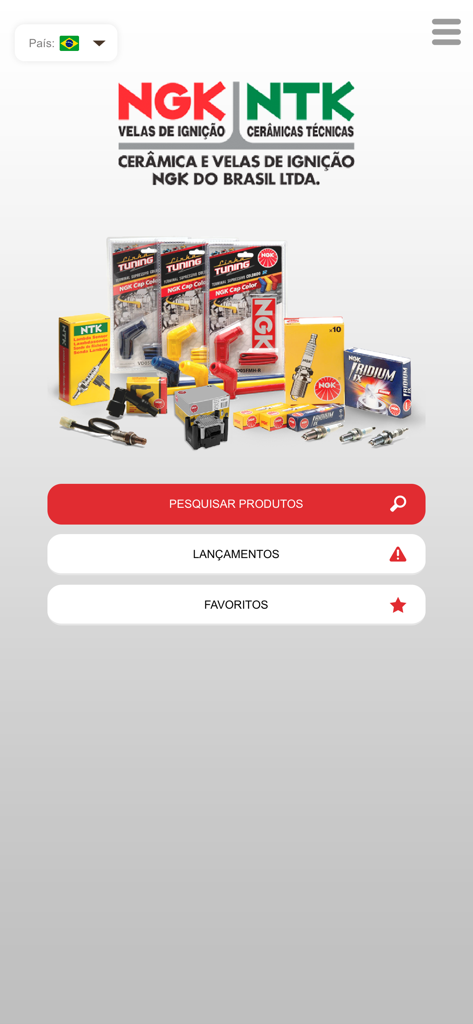 Pantalla de inicio de la aplicación de catálogo automotriz NGK NTK con botones de búsqueda y navegación