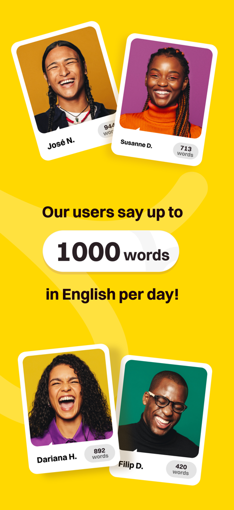 Marketing graphic for BeeSpeaker showing student profiles and the claim that users say up to 1000 English words per day