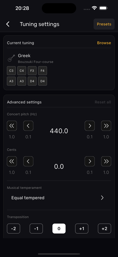 Bouzouki Tuner – XTuner PRO - Advanced tuning settings screen in the Bouzouki Tuner XTuner PRO app showing concert pitch and musical temperament options