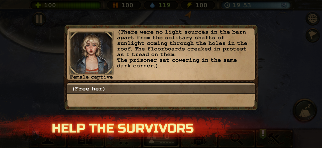 Day R Survival: Last Survivor - Gameplay screenshot of Day R Survival showing a narrative choice to rescue a female captive in a post apocalyptic setting