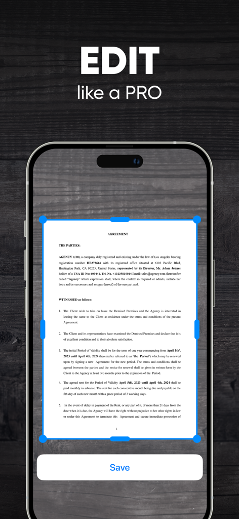 A smartphone showing the Scanner App interface with automatic edge detection on a legal document