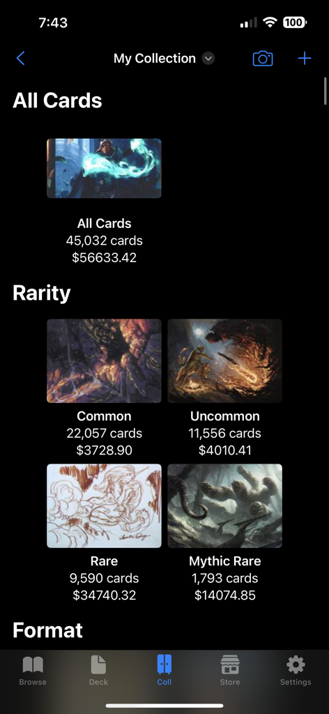 Decked Builder Remastered - Decked Builder Remastered app showing Magic The Gathering card collection summary with counts and prices organized by rarity levels like common and mythic rare.