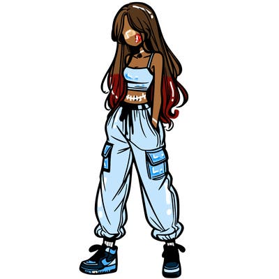 girl in baggy pants crop top and long hair