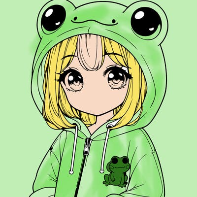 cute realistic girl in a froggy hoodie