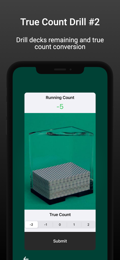 Blackjack-True-Count-Übungsoberfläche mit einem Laufzähler von minus fünf und einer Deckschätzung aus einem Kartenstapel.