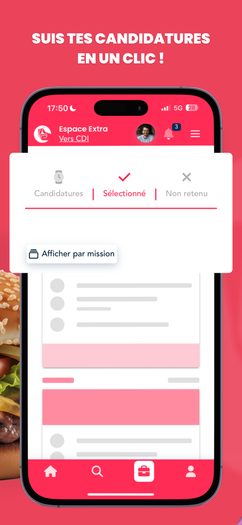 Extracadabra, ton job au choix - Smartphone screen showing the Extracadabra app interface for tracking job application status.