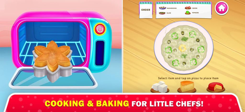 Playbees - Kids Learning Games - Juego educativo de cocina y repostería para niños que muestra actividades de pasteles y pizzas.