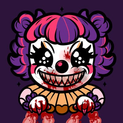 cute creepy clown girl with sharp teeth and wide grin and holes as eyes