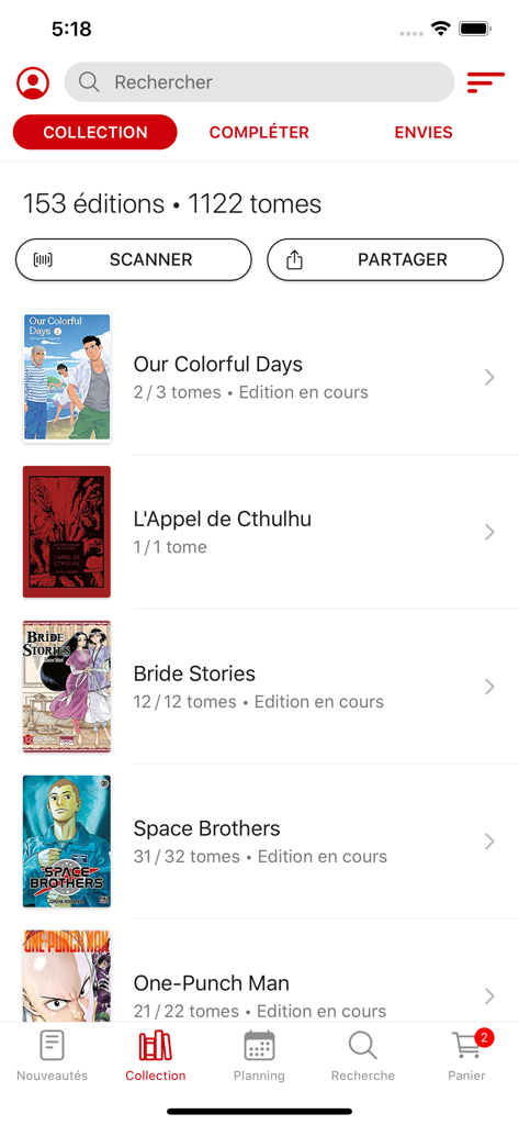 Mangacollec - 収集したシリーズと巻数が表示されたMangacollecアプリのデジタルマンガライブラリ