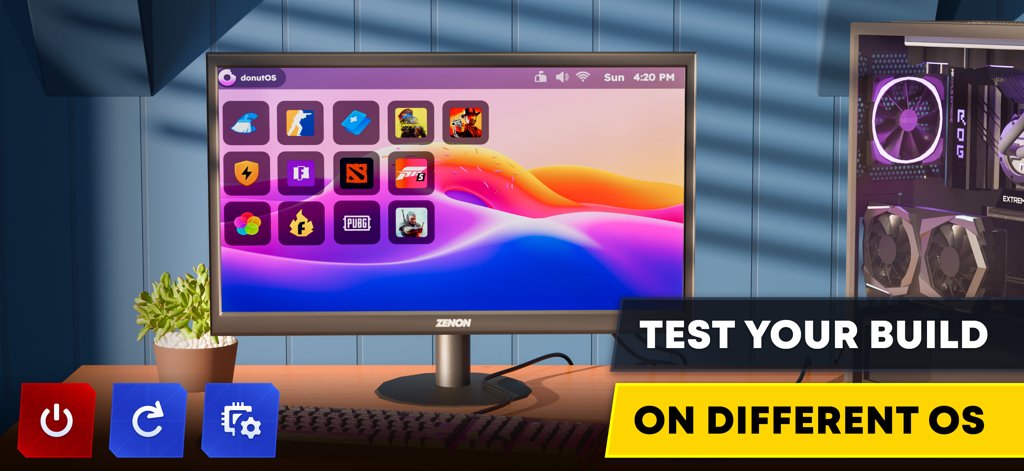 Un monitor de juegos mostrando una interfaz de sistema operativo personalizada para probar creaciones de PC en PC Creator 3