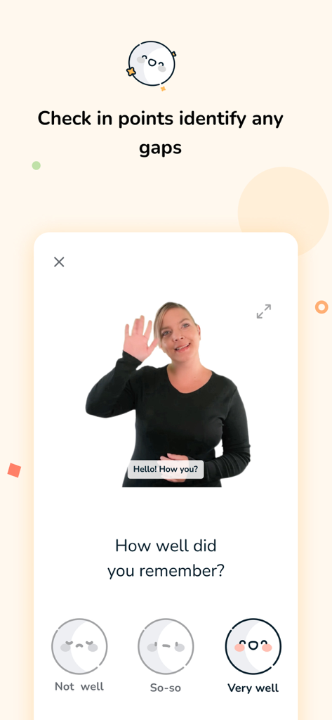 Bright BSL - Sign Language - Bright BSL app review screen featuring a native signer and memory retention check points