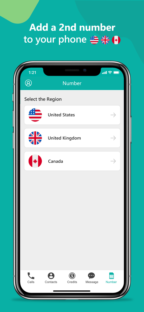 Ein mobiler App-Bildschirm, der Optionen zum Hinzufügen einer zweiten Telefonnummer aus den USA, dem Vereinigten Königreich oder Kanada zeigt.