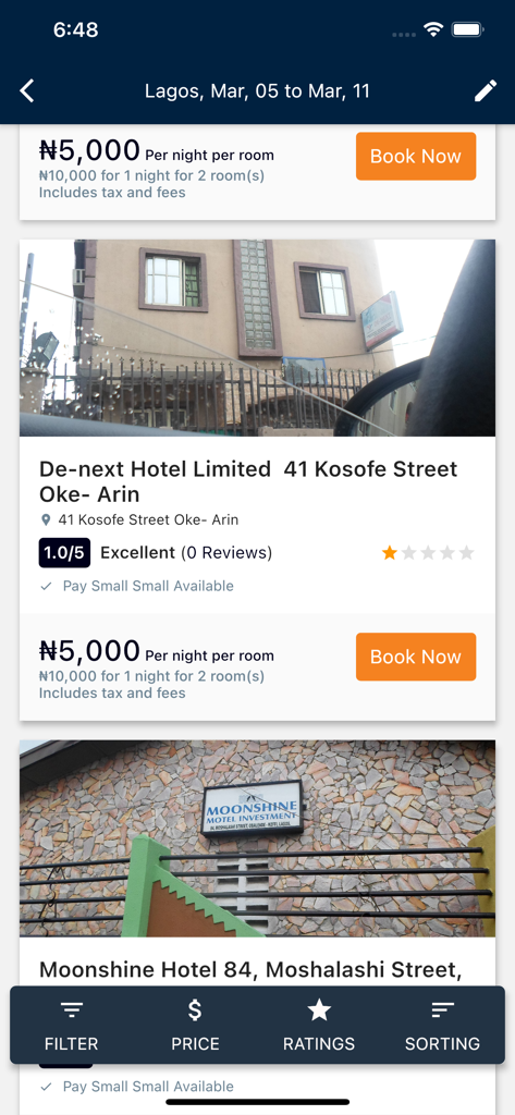 Wakanow Affiliates - Wakanow Affiliates mobile app interface showing hotel listings and prices in Lagos