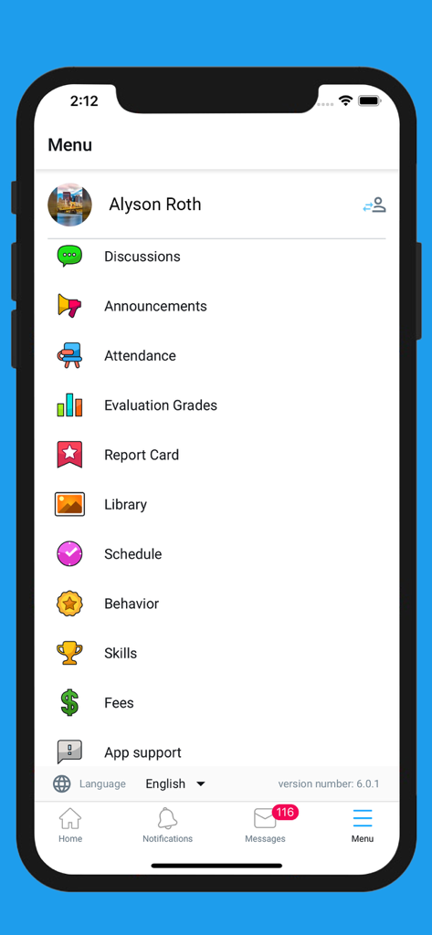 eSchool Connect - Main menu of the eSchool Connect app displaying features like attendance, grades, schedule, and messages.