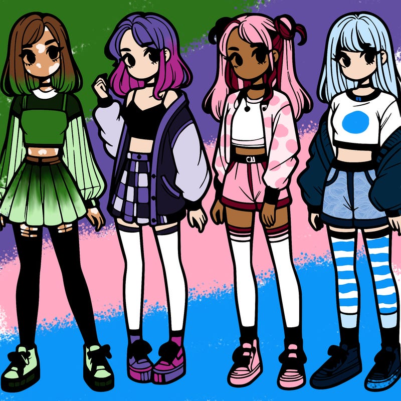 one girl with crop-top shirt and a jacket with a skirt, long socks and another girl with a shirt and pants with a jacket