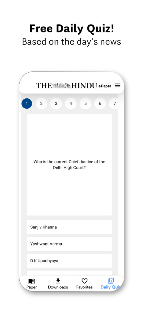 Screenshot of The Hindu ePaper app showing a daily news quiz with a multiple choice question on the mobile interface.