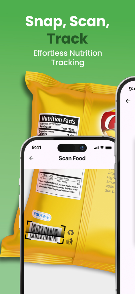 NutriScan: AI Calorie Counter - Un smartphone usando la aplicación NutriScan para escanear el código de barras de un producto alimenticio para un seguimiento sin esfuerzo de la nutrición y las calorías.