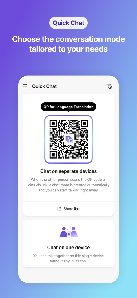 Flitto app screen showing Quick Chat options for translating on separate devices via QR code or sharing a single device.