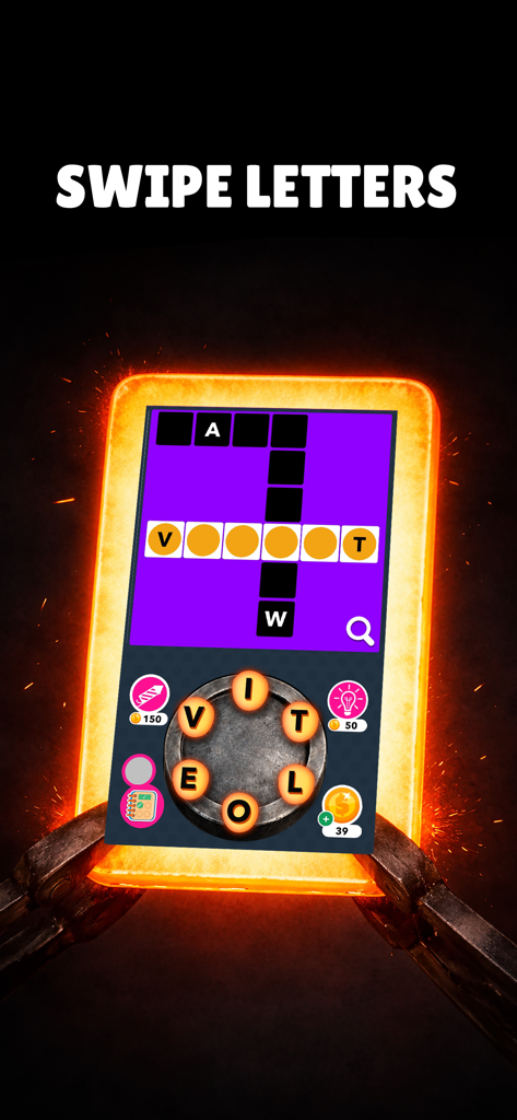 Captura de pantalla del juego de Word Forge que muestra una cuadrícula de crucigrama y una rueda de letras con la instrucción deslizar letras