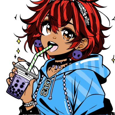 hot baddie anime girl drinking boba and biting the straw