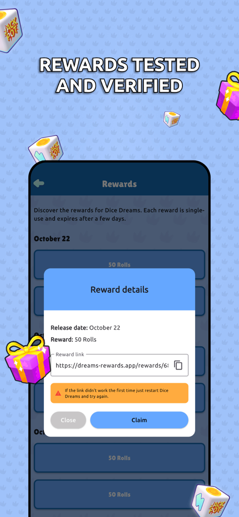 Interface do aplicativo Dreams Rewards mostrando detalhes verificados para 50 rolagens grátis