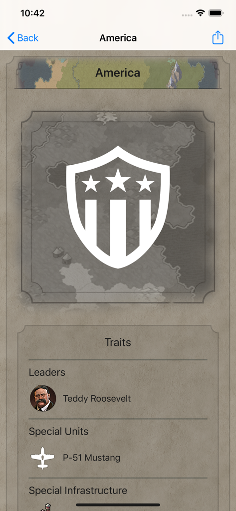 Civilopedia app interface displaying the American civilization with leader Teddy Roosevelt and P-51 Mustang unit