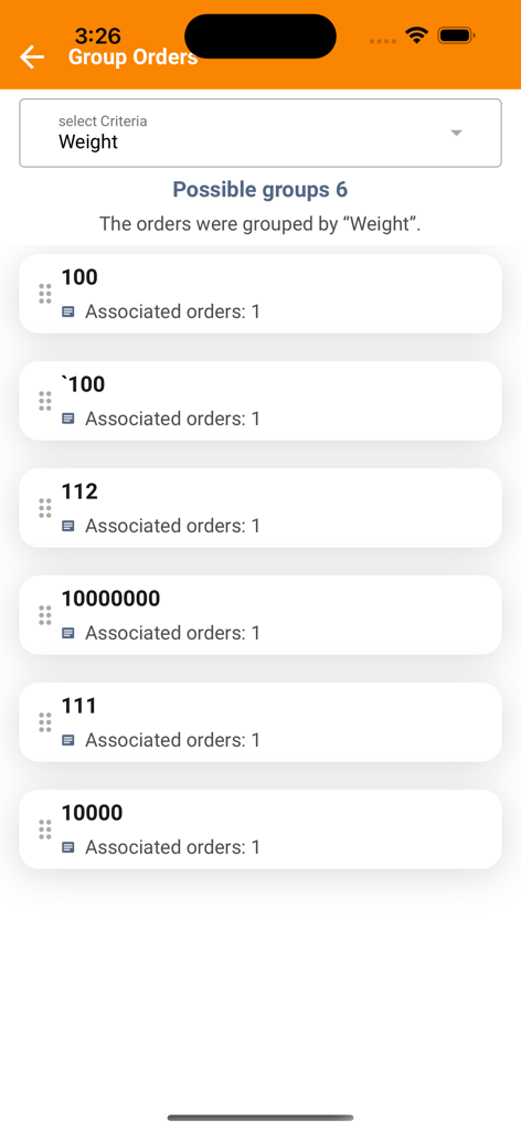 DispatchTrack LastMile - DispatchTrack LastMile app screen showing orders grouped by weight criteria