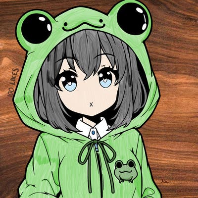 an anime girl wearing a frog hoodie