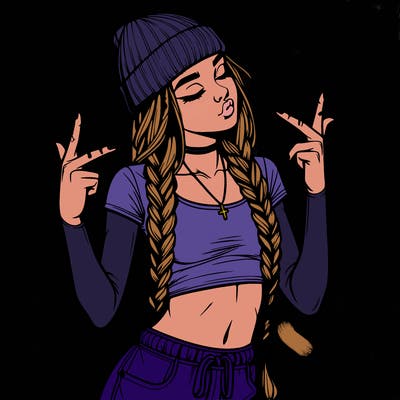 realistic teenage girl with braids and a beanie and crop top doing 🫶🏼