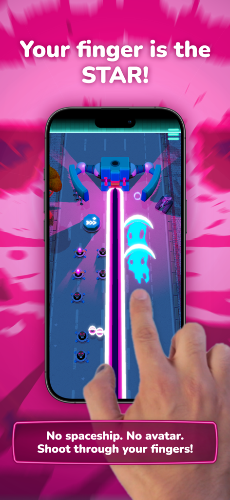 Un jugador usa su dedo para disparar un rayo púrpura a enemigos robóticos en el juego móvil Magenta Arcade II