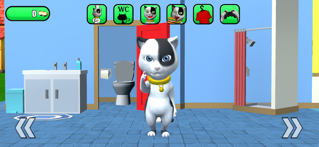 Talking Baby Cat Max Pet Games - Max the talking kitten standing in a virtual bathroom with icons for pet care and games