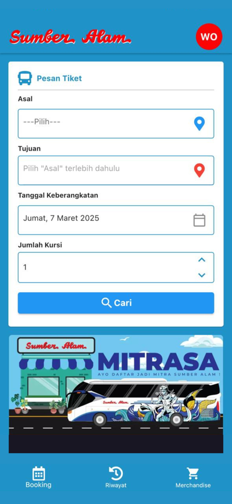 Sumber Alam - The booking screen of the Sumber Alam mobile app for bus ticket reservations showing origin destination and date selection fields