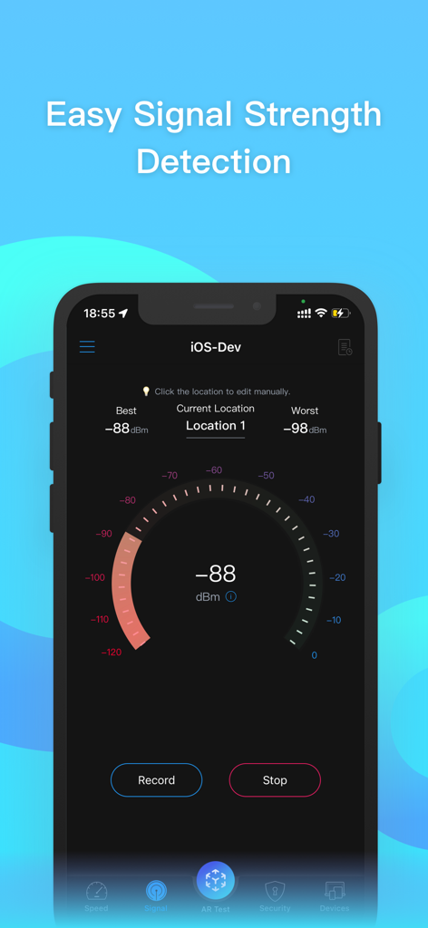 iWifi - AR speed & signal test - Interface of the iWifi app showing real time wifi signal strength detection in dBm