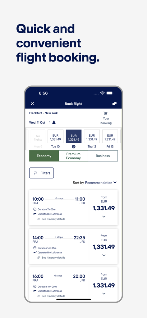 Lufthansa mobile app screen showing flight booking options from Frankfurt to New York
