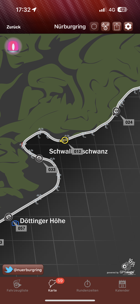 Racing App - Rastreamento GPS ao vivo de carros de corrida no circuito de Nürburgring.