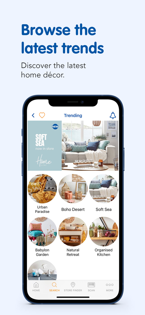 Interface of the B&M Stores mobile app showcasing trending home decor categories such as Boho Desert and Urban Paradise.