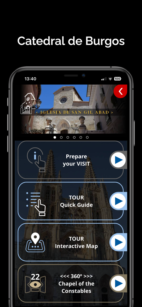 ブルゴス大聖堂ビジターアプリのメインメニュー。ツアーオプション、インタラクティブマップ、Constables礼拝堂の360度ビューが表示されています。